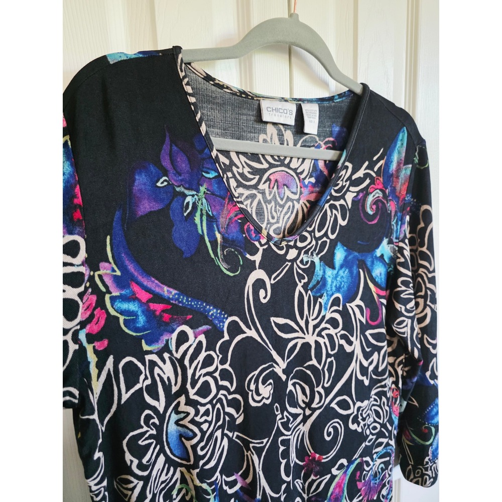 Chico's Travelers 3 Floral Print Long Sleeve V Neck Top Womens Size XL No Iron - Picture 4 of 6